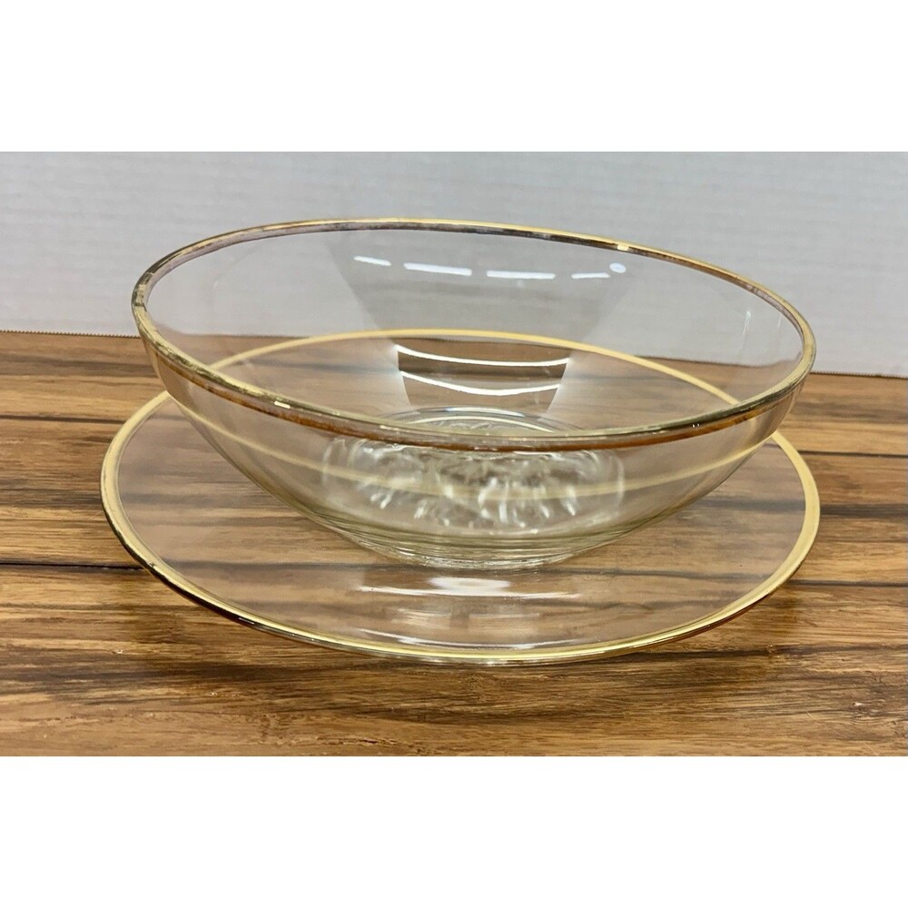 Vintage Gailstyn Its A Dilly 24k Gold Trim Large Glass Salad Bowl With Plate